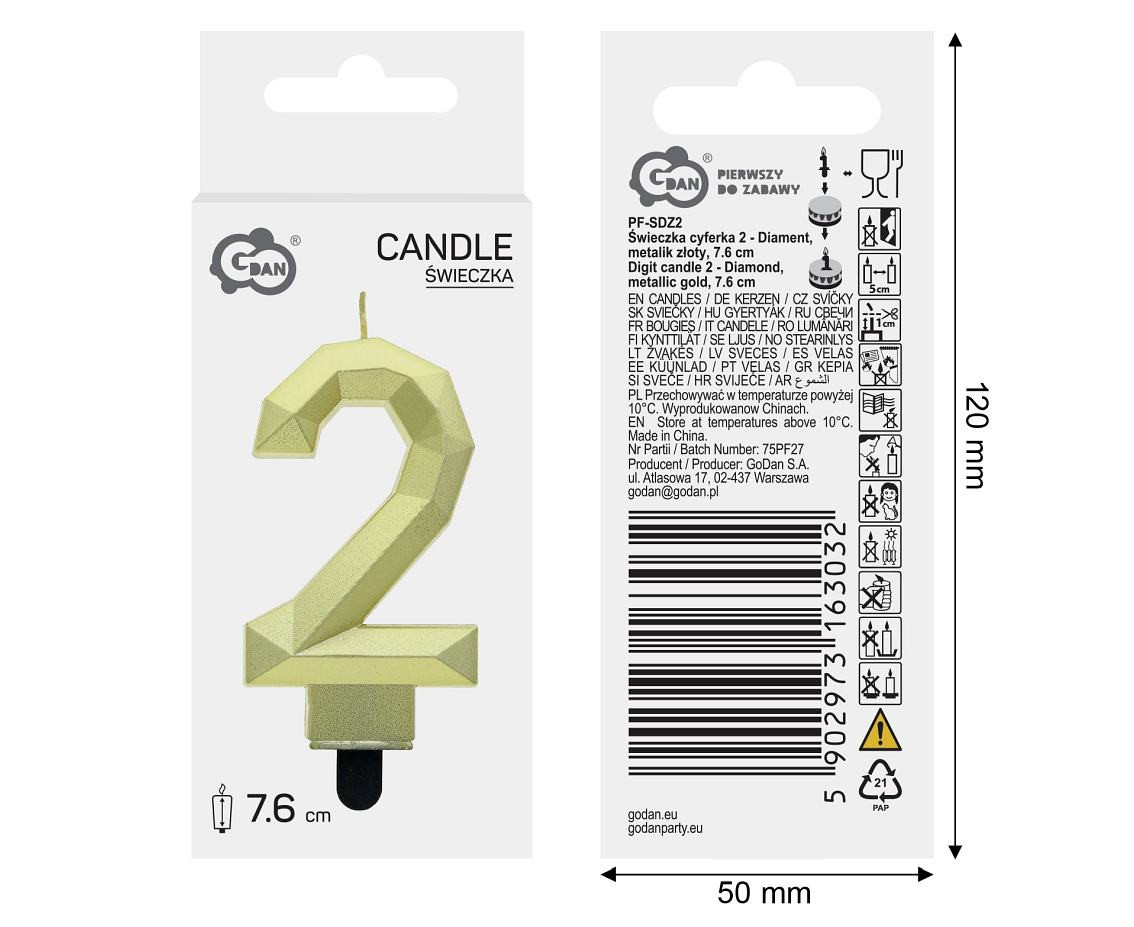 Digit candle 2 - Diamond , metallic gold, 7.6 cm